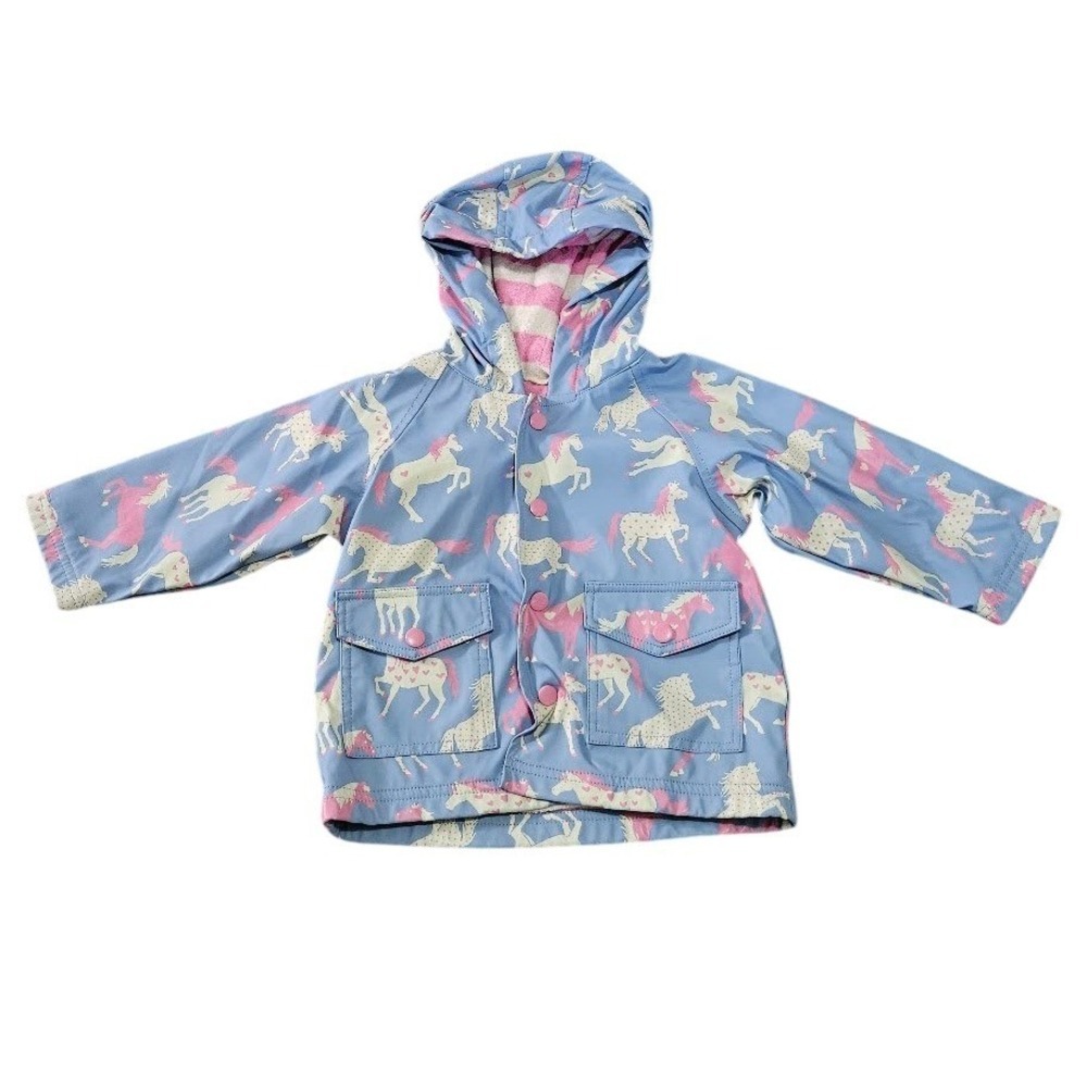 Hatley Baby Girl Blue Horse Print Hooded Raincoat Pink Terry Lined 6-12 Month